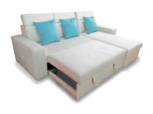 Sala esquinera, sofá cama y baúl color beige